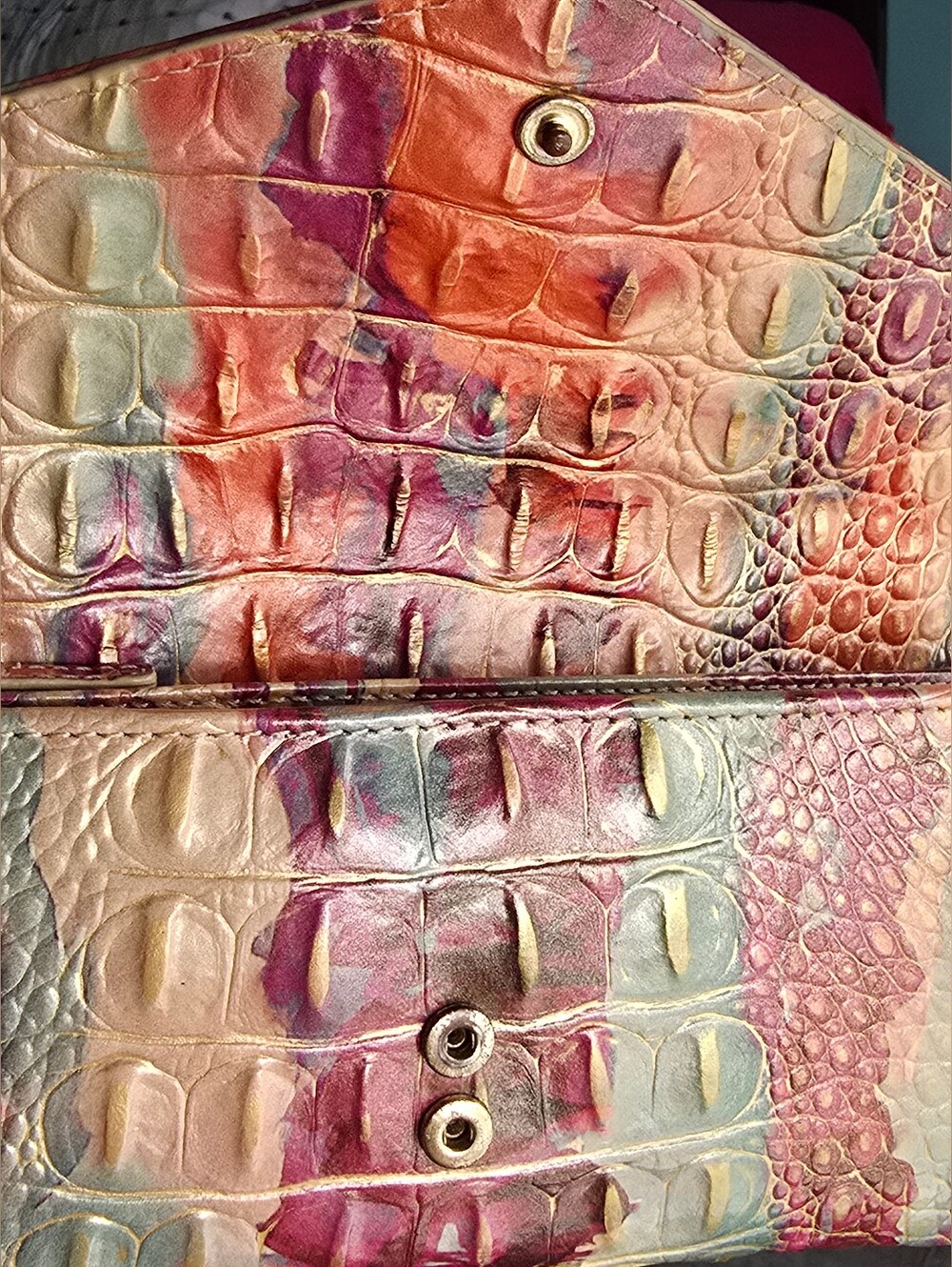 Brahmin Multicolor Croc-Embossed Envelope Wallet in Pink, Teal & Cream With Gold - Picture 12 of 12